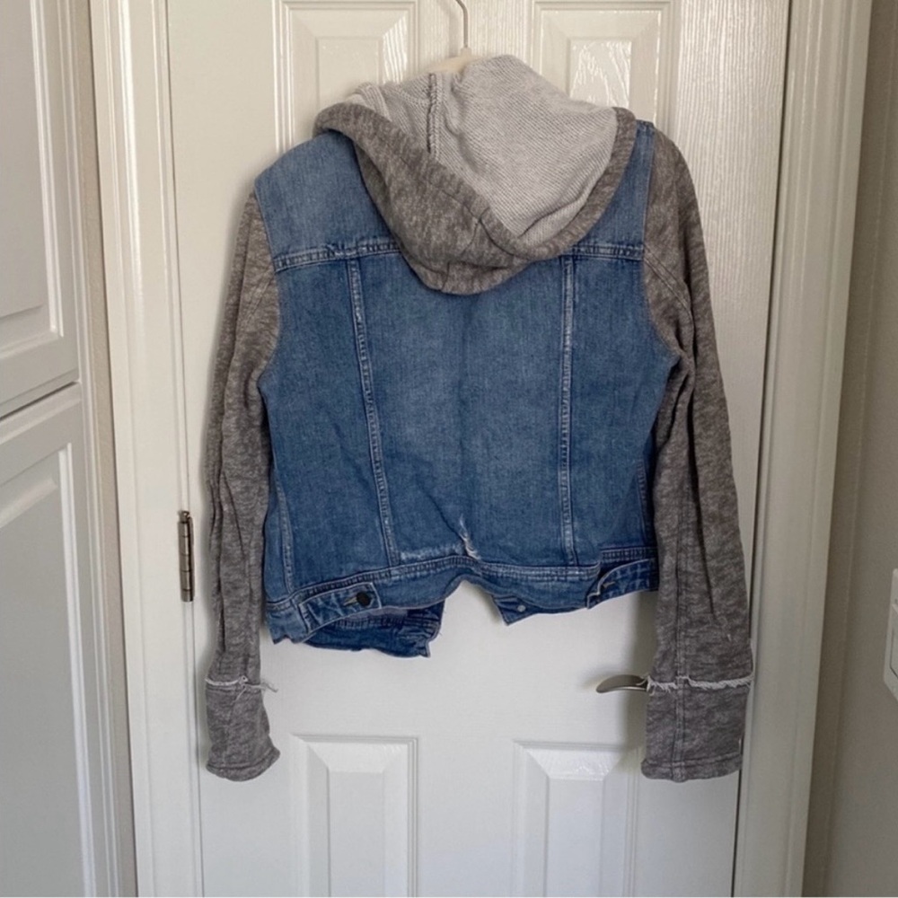 Free People Hooded Denim Jacket with Gray Knit Sleeves - Picture 2 of 3